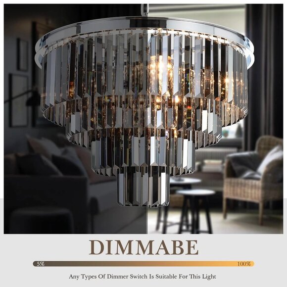 Luxe Chrome Smoke Crystal Modern Contemporary Chandelier Pendant Ceiling Light - Picture 8 of 11